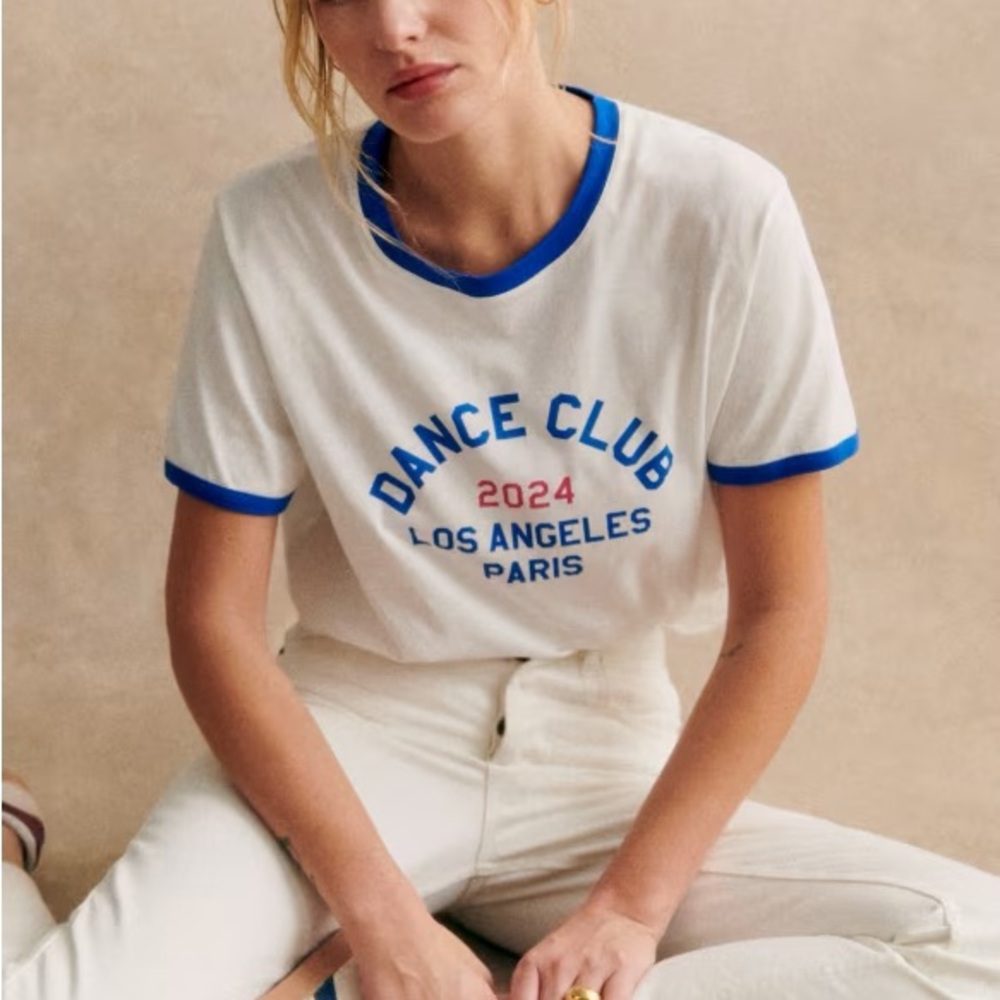 Sézane Dance Ckub White and Blue Graphic Tee, XL